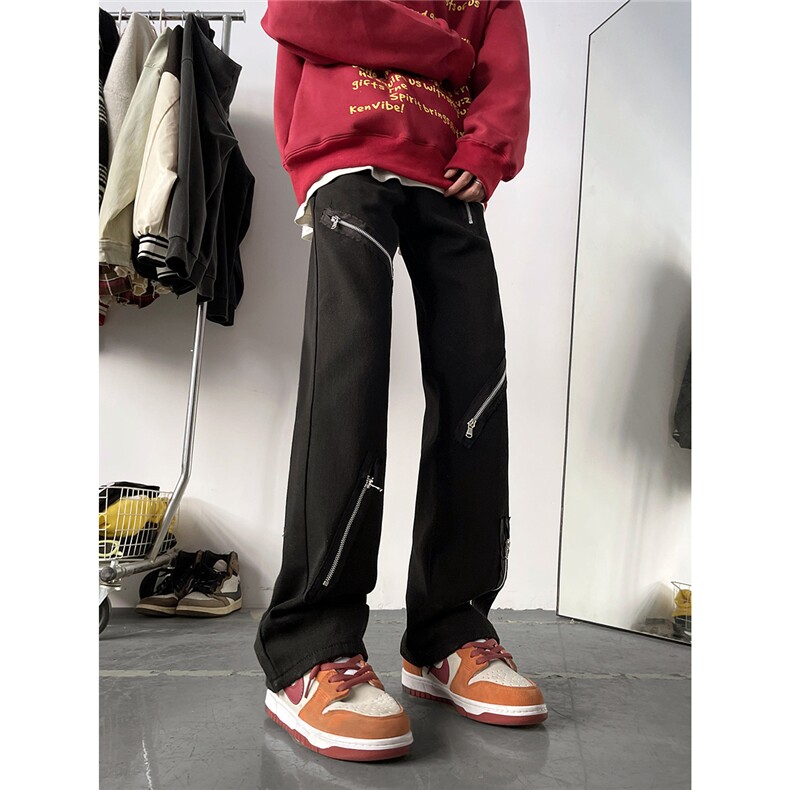 现货~美式高街拉链显瘦微喇叭黑色牛仔裤2XZ502-K721-P55控78,男装牛仔裤,星座502
