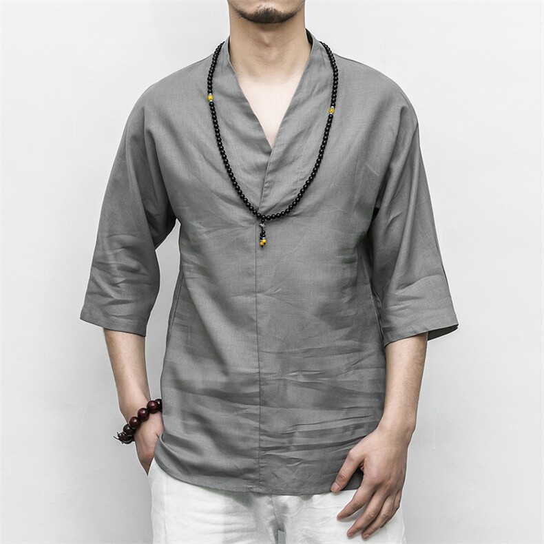 风棉麻V领亚麻短袖中式汉服唐装七分袖衬衣亚麻衬衫 M113 P40图片