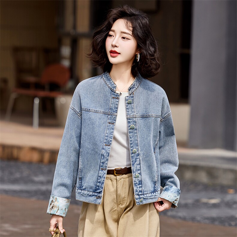 蓝色韩系休闲气质蕾丝拼接牛仔外套女2025早春新款小个子百搭夹克,女装短外套,靓衣阁