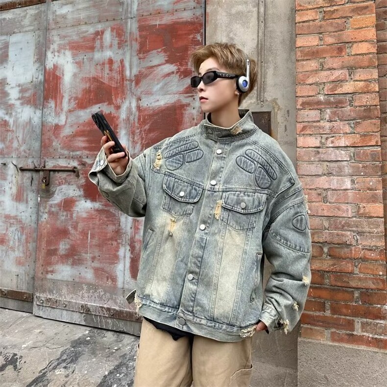 美式街头复古水洗压印牛仔外套ins潮设计感破洞工装夹克-J829,男装夹克,星座601-2