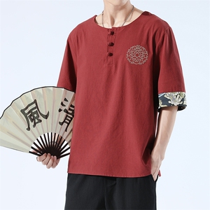夏季风刺绣棉麻亚麻绣花复古五分袖t恤短袖上衣9309-P40