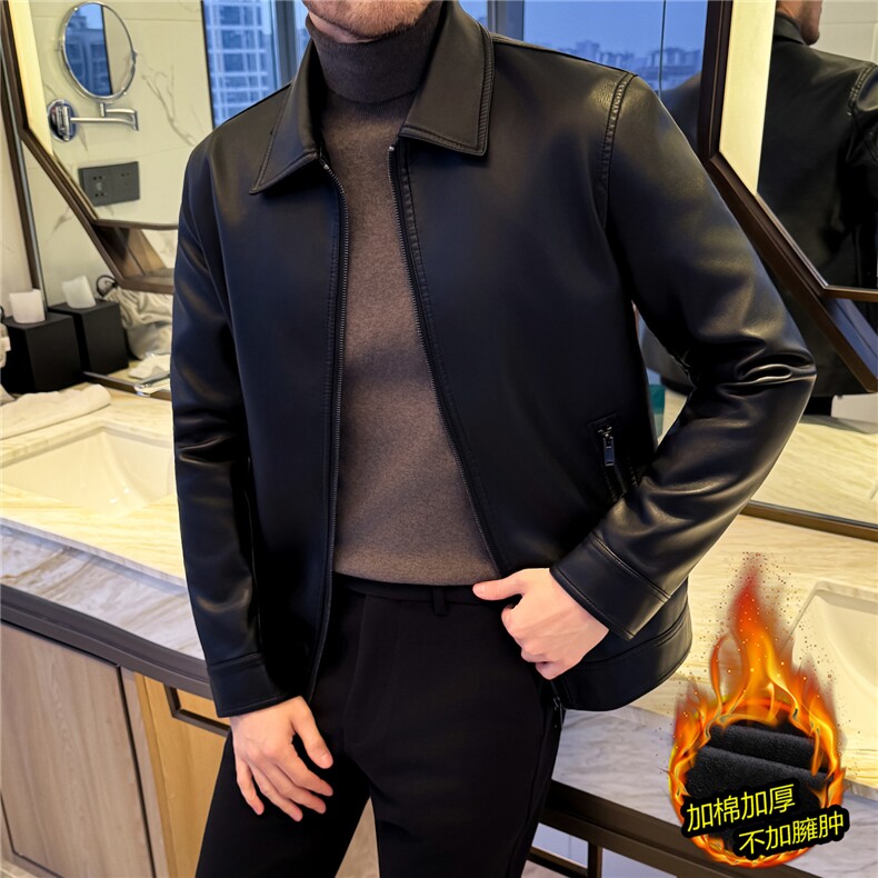 加厚加棉~高级感机车皮衣外套男修身保暖翻领PU皮夹克JM6806-P98，男装夹克，电商A213
