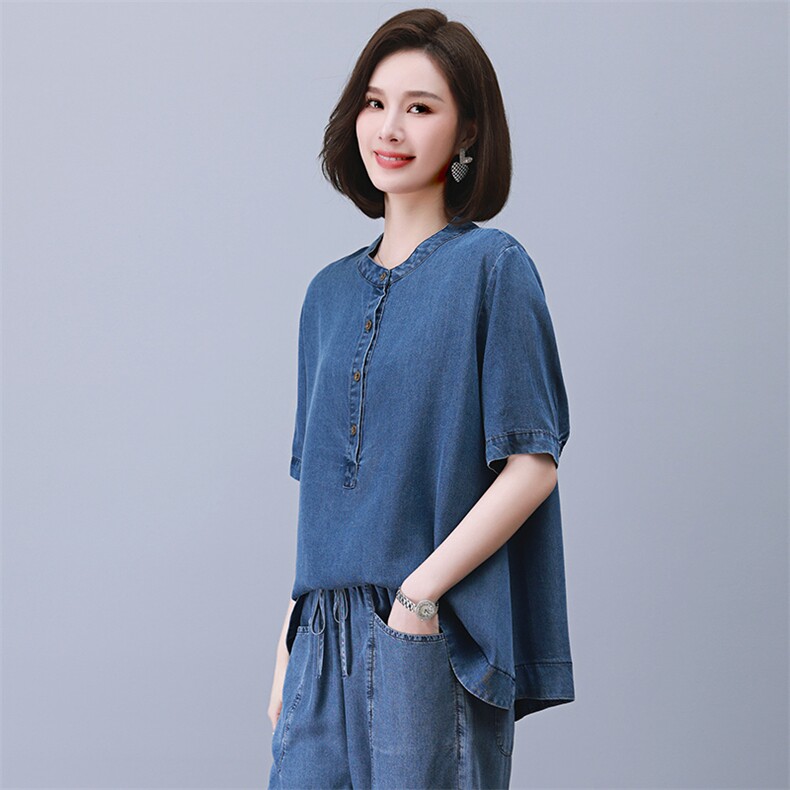 2023夏季新款时尚气质圆领显瘦休闲舒适牛仔上衣,女装衬衫,独衣靓