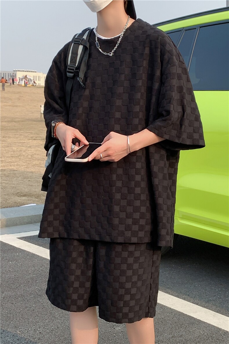 TZ84647/P60夏季新款格子短袖短裤t恤休闲宽松大码两件套套装男,男装休闲套装,电商A141