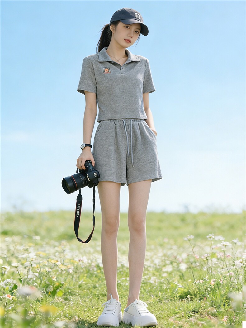 女夏季新款运动休闲套装高级感时尚百搭翻领上衣阔腿短裤两件套潮,女装套装/套裙,江南