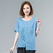 2021夏季新款气质圆领拼贴纯色麻短袖上衣，女装衬衫，叶笙衣