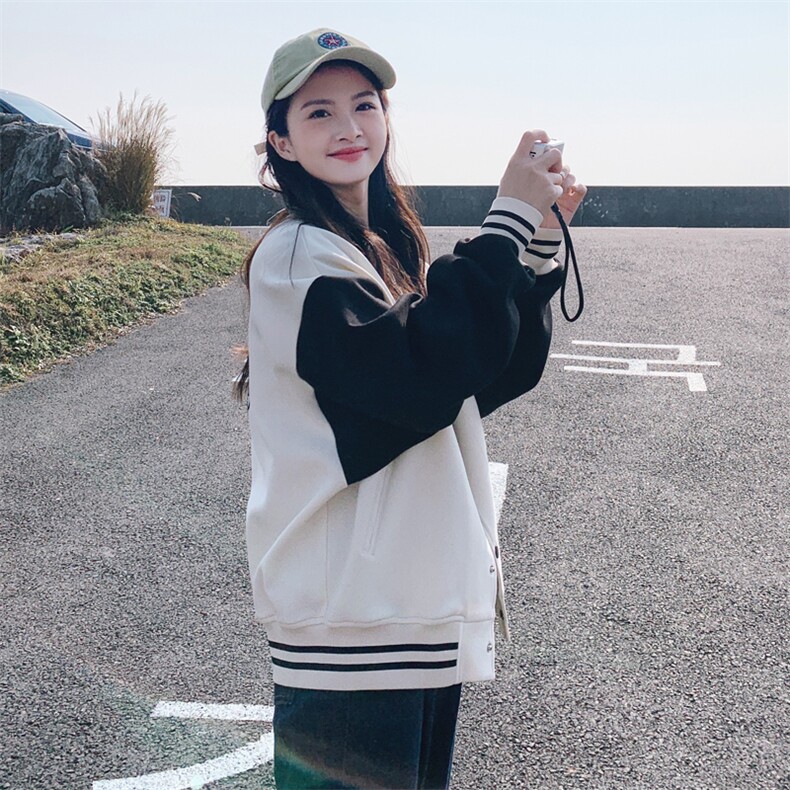 现货主推拼色棒球服休闲时尚短外套,女装短外套,菡迪欧娜