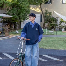 W130-P51美式复古拼接假两件衬衫男女春秋潮牌宽松情侣长袖，男装衬衫，电商B323A