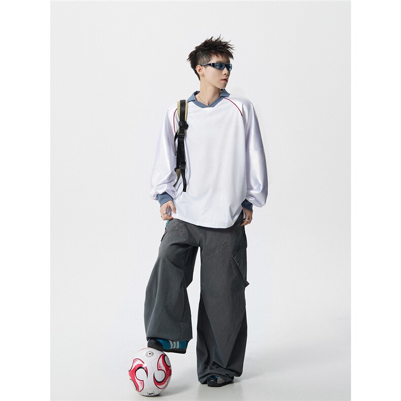 可二开美式POLO衫大码M-5XL拼接V领球衣长袖T恤男CX78111P45控69，男装Polo衫，星座226-1