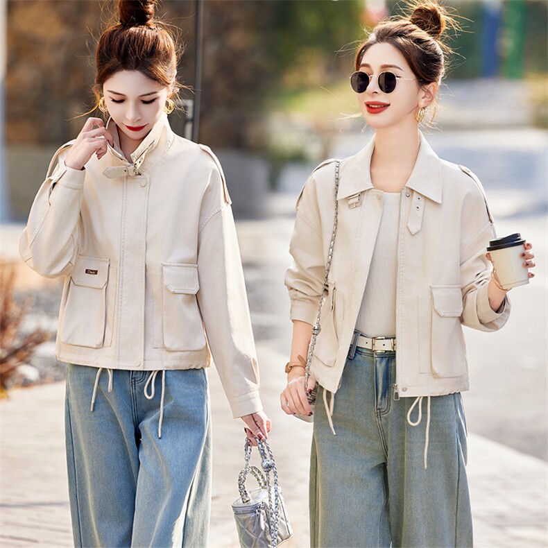 长袖标准春季圆领薄款水洗皮皮衣上衣短外套洋气秋季，女装皮衣，红依佳