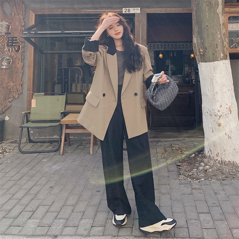 韩系高级咖色休闲小西服女2025春秋超火炸街独特漂亮宽松西装外套,女装西装,2D014