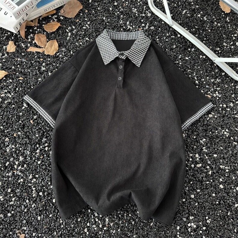 黑色假两件拼接短袖T恤男款夏季高级感青少年POLO衫衬衫领半截袖图片