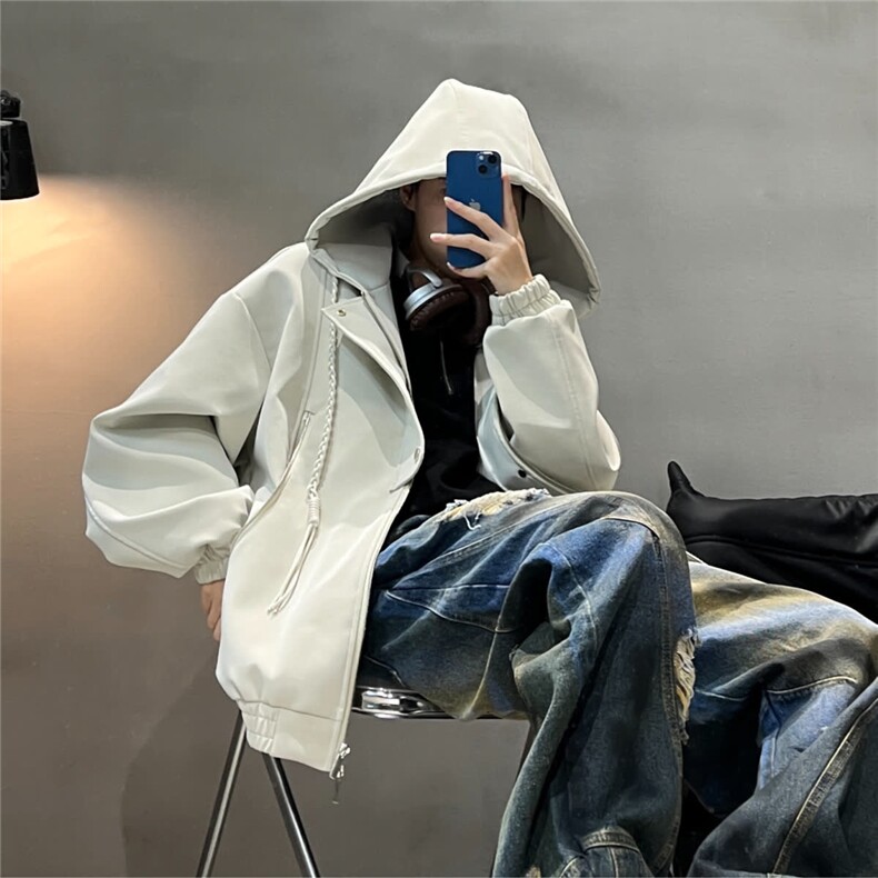 现货雾面pu皮肌理感夹克大口袋编绳上衣痞帅大连帽情侣外套皮衣，男装夹克，星座302B-3