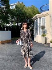 秋季新款时尚韩版修身淑女气质高雅印花连衣裙，女装连衣裙，荷塘月色