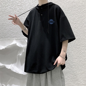 LD54395-P45NASA 连帽短袖t恤男大码胖子带帽五分袖中袖图片