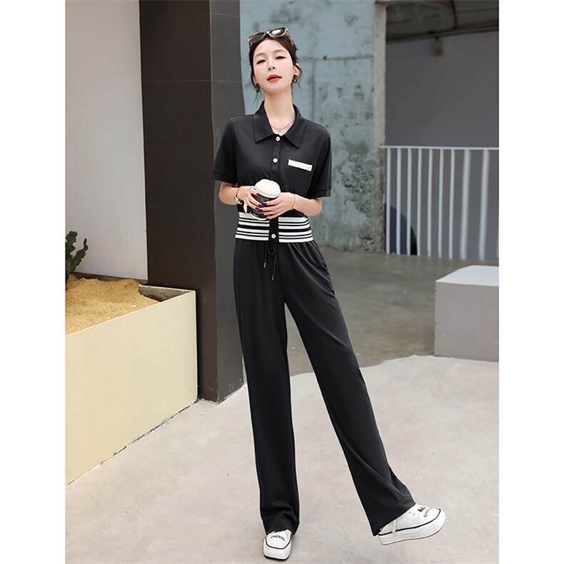 休闲运动套装女夏季2025新款高级感时尚短袖上衣洋气阔腿裤两件套,女装套装/套裙,妙形