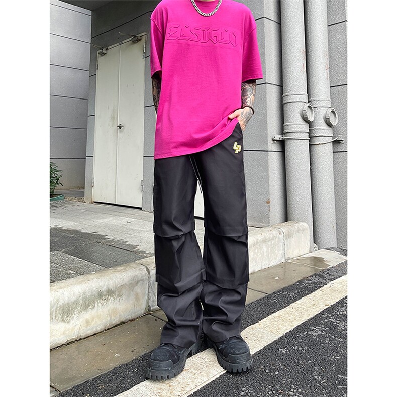 B221美式ins街头hiphop刺绣宽松褶皱休闲裤子LK23123-P60控78,男装休闲裤,电商B221