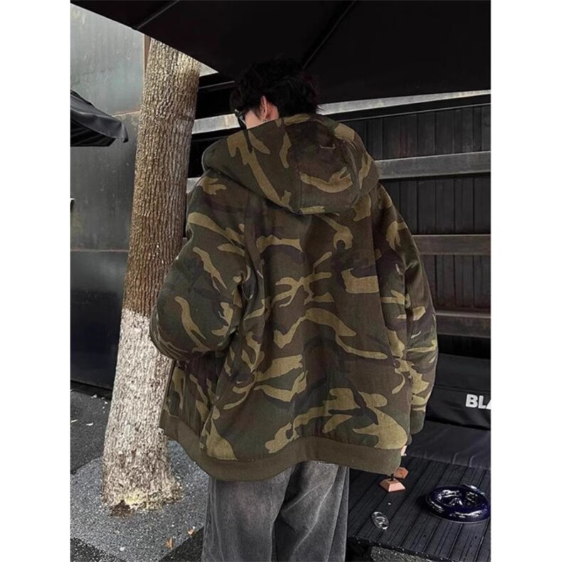 美式复古格纹迷彩连帽棉服男女秋冬季潮加绒工装外套,男装棉衣,四季星座505