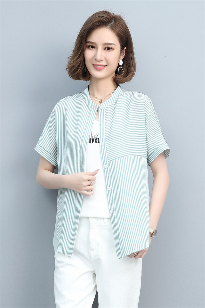 2023夏季新款简约时尚气质立领休闲条纹衬衫,女装衬衫,玛其路