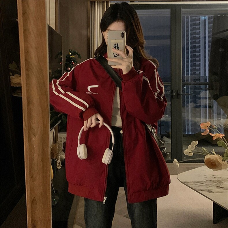 A328-P95美式复古条纹棒球服外套春秋新款运动风情侣外套,女装短外套,星座911