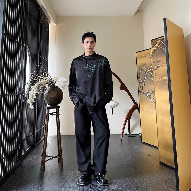 新款中式盘扣立领长袖男衬衫潮流复古缎面印花竹叶衬衣男女款C176,男装衬衫,电商A345