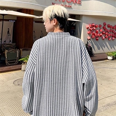 美式高街千鸟格子长袖T恤男女亨利V领英伦雅痞休闲宽松长袖打底衫，男装T恤，电商A443