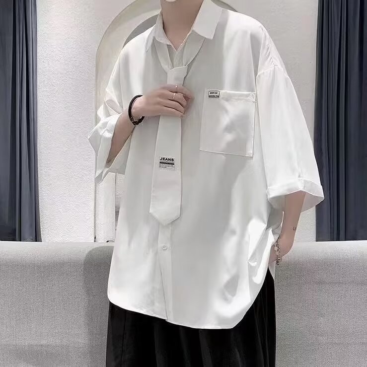 潮牌简约纯色高街配领带短袖衬衫夏季薄款宽松休闲衬衣CAA01-P30,男装T恤,星座208-5