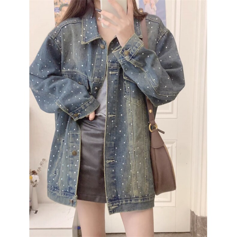 水洗烫钻牛仔外套女春秋新款复古美式韩版宽松休闲气质高级感上衣，男装工装外套，星座506A