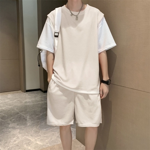 华夫格假两件套装休闲运动短袖短裤两件套潮男搭配衣服 T1321-P40图片
