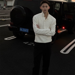 重磅秋冬北极绒亨利领毛衣开衫美式复古休闲慵懒风纯色翻领针织衫图片