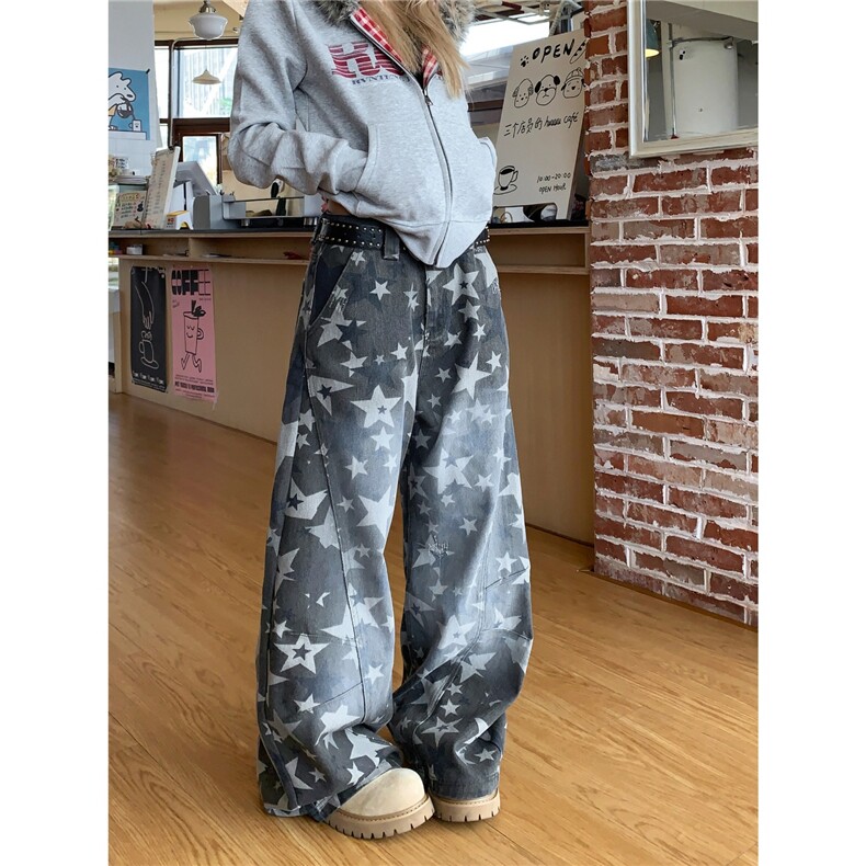 美式辣妹低腰星星满印牛仔裤女新款宽松百搭显瘦阔腿长裤,男装牛仔裤,星座506A