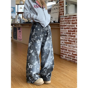 美式辣妹低腰星星满印牛仔裤女新款宽松百搭显瘦阔腿长裤图片