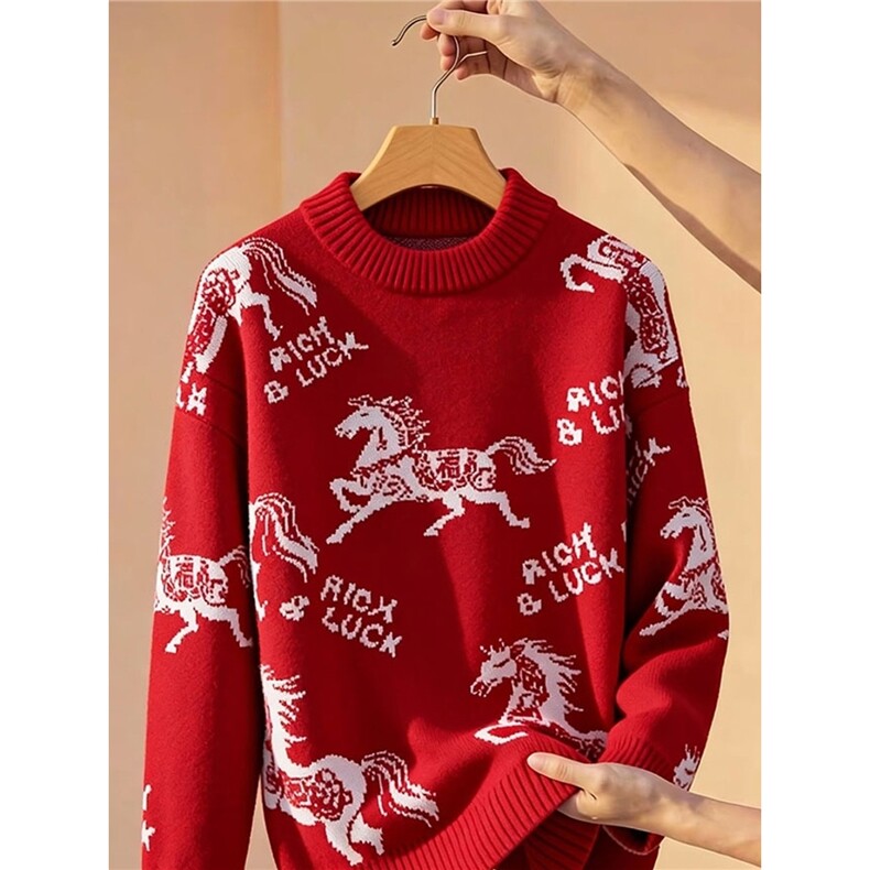 红色毛衣男本命年冬季马年上衣服喜庆过年线衣内搭打底针织衫,男装T恤,星座1210-1