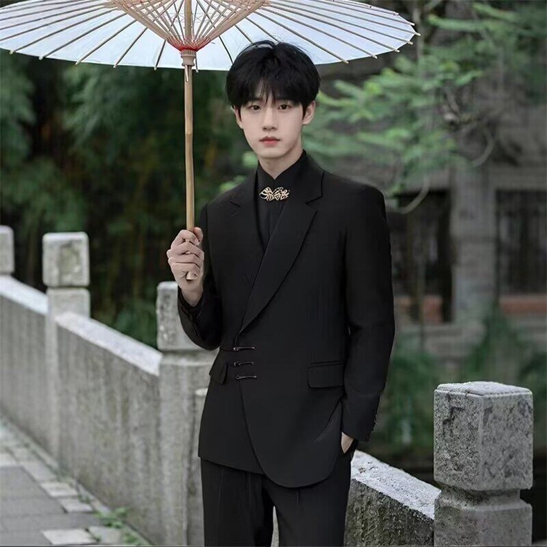 新中式男装黑色风立领盘扣刺绣暗扣长袖衬衫抗皱订婚西服套装,男装西服,星座601-1