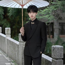 新中式男装黑色风立领盘扣刺绣暗扣长袖衬衫抗皱订婚西服套装，男装西服，星座601-1