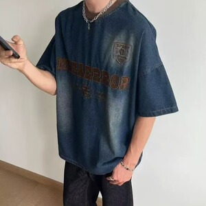 2025美式复古刺绣水洗牛仔短袖T恤男女宽松夏季潮牌半袖T56-P57图片