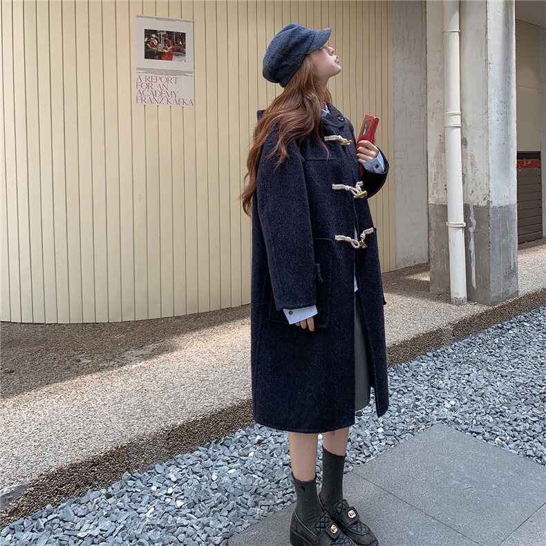 藏青色牛角扣双面呢羊毛大衣女秋冬2025新款高级感独特巨好看外套,女装毛呢外套,2C209