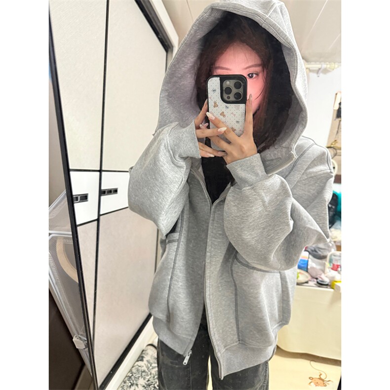 抖音得物高品质秋冬美式高街重磅结构辑明线纹理连帽卫衣外套W111,女装短外套,电商A486-1