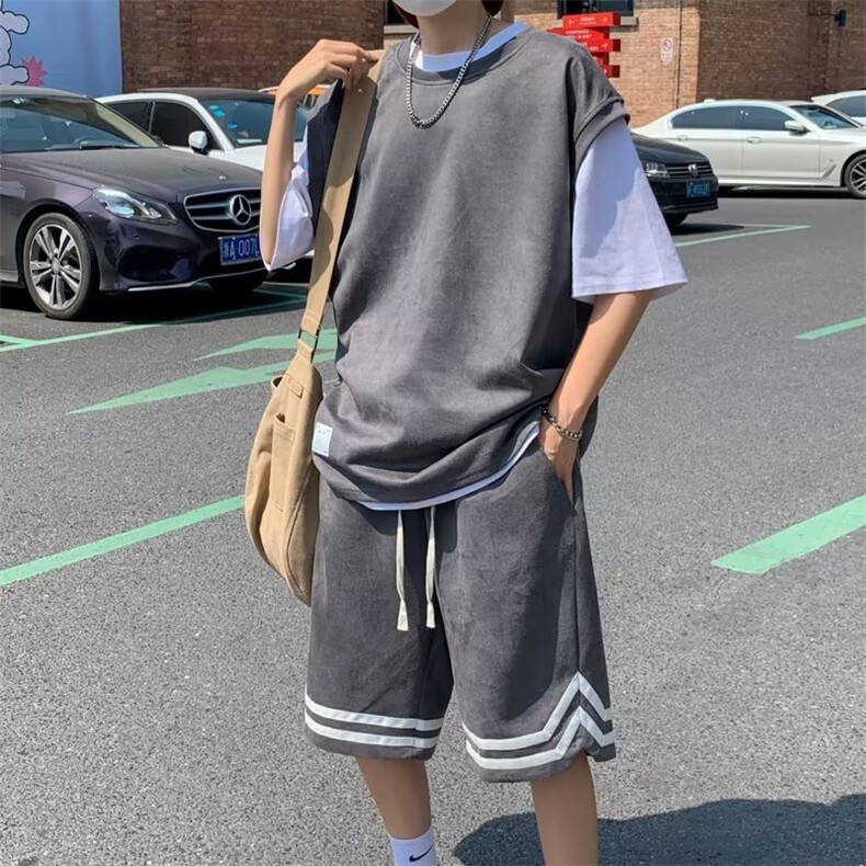 潮流新款夏季五分裤简约日系休闲套装男无袖ins背心慵懒W4831-P56图片