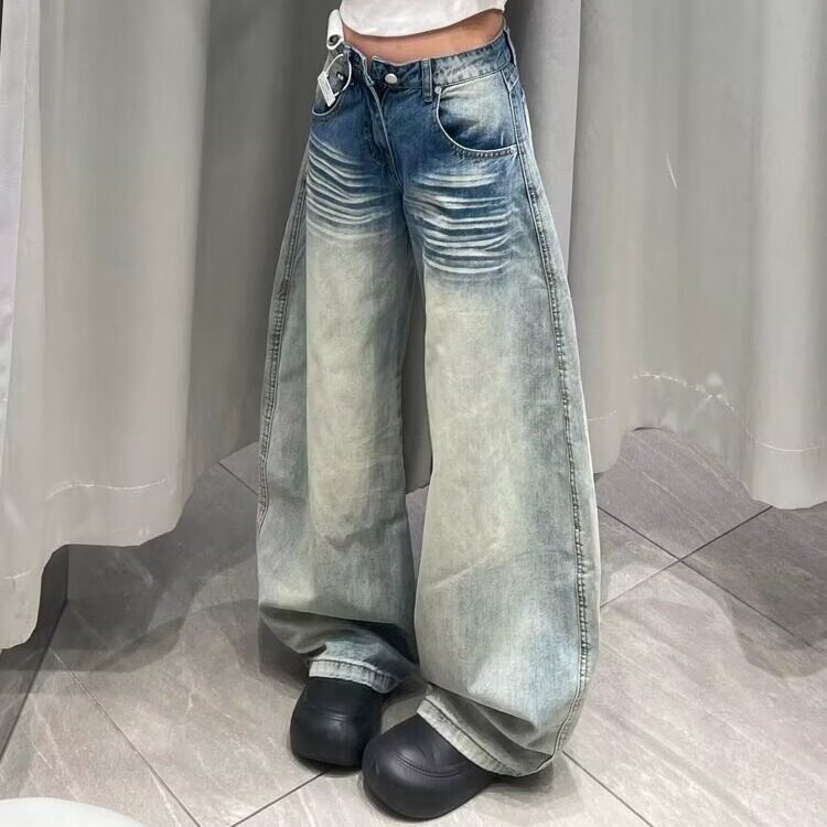 美式复古设计感褶皱牛仔裤男女潮牌小众宽松显瘦休闲阔腿裤网图,男装牛仔裤,星座302B