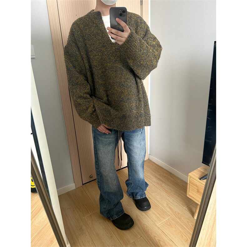 冬季复古百搭慵懒宽松大版型圣诞苔藓绿V领落肩毛衣男MY299,男装针织衫/毛衣,星座1116A（原606A-3）
