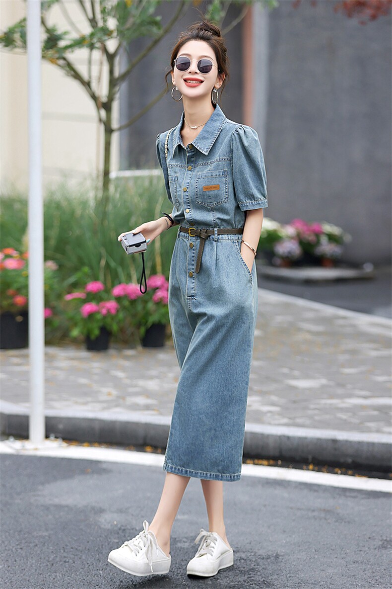 短袖牛仔连衣裙女中长款2025年夏装小个子洋气网红气质a字裙子,女装连衣裙,E百度