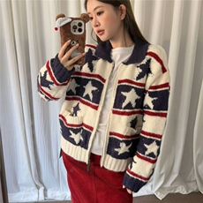 PENDLETON厚粗冬男装翻领纯羔羊毛织花复古长袖针织拉链外套上衣，女装短外套，星座506A