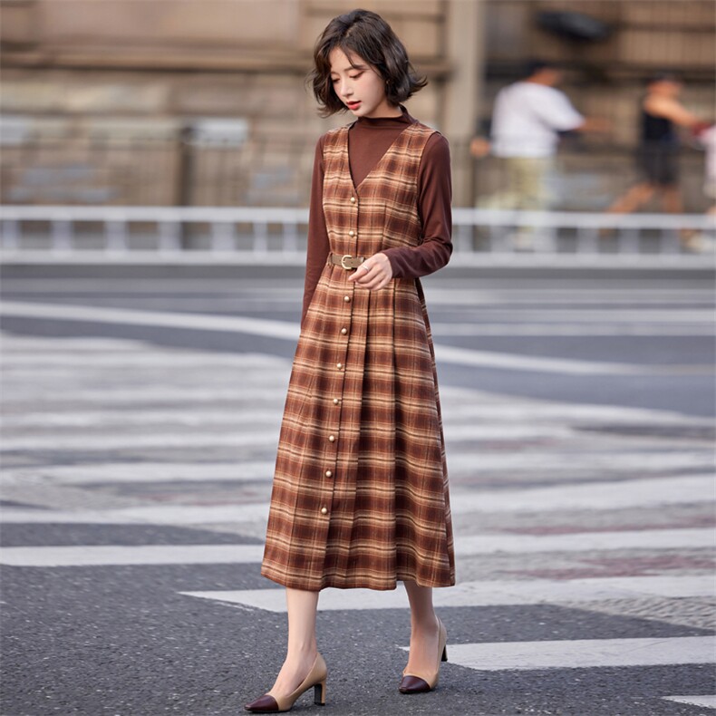 长袖格纹连衣裙女2025新款春秋气质高级感格子小香风背心裙套装,女装套装/套裙,意芙