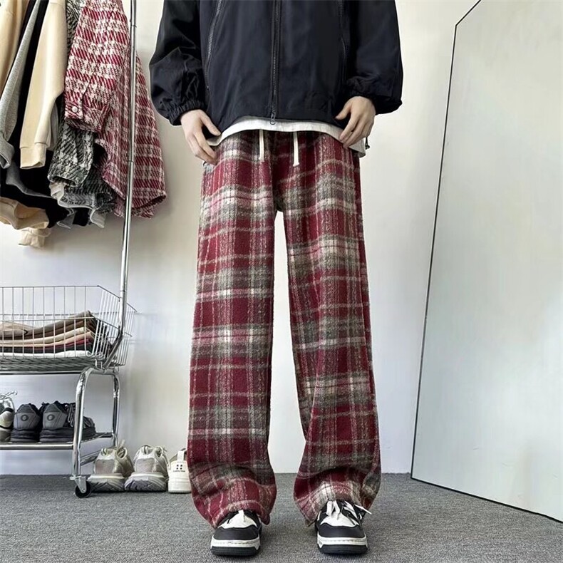 加绒格子裤大码阔腿直筒休闲长裤子男秋冬毛呢裤RA923P50,男装休闲裤,星座1116-2