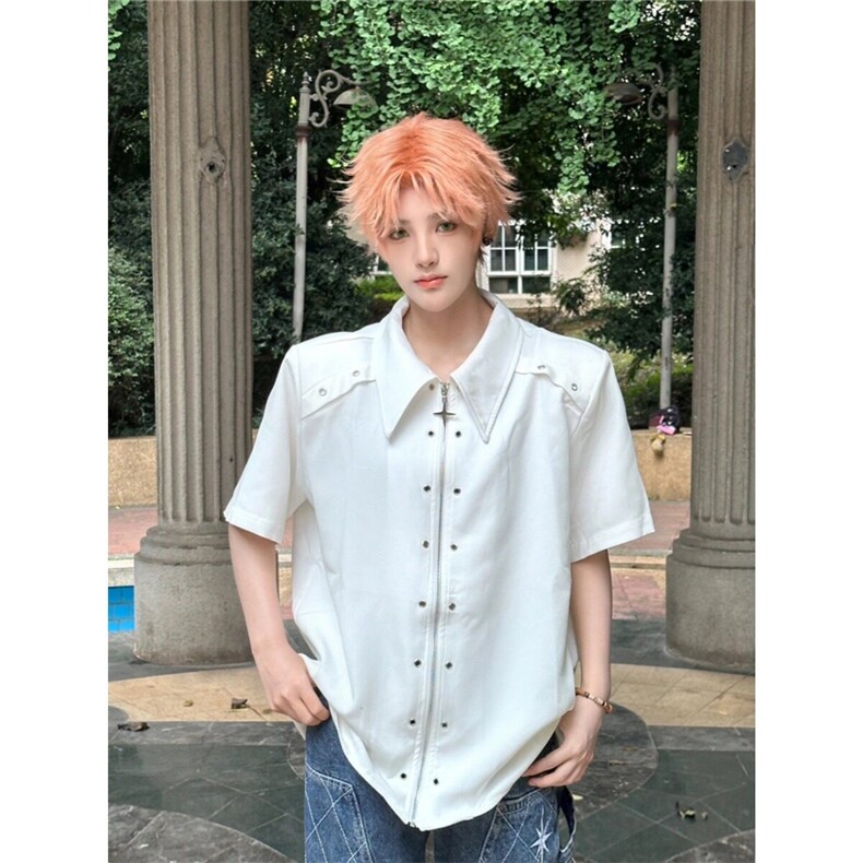 小众金属解构设计感拉链衬衫男潮牌垫肩短袖高级感层次痞帅衬衣潮图片