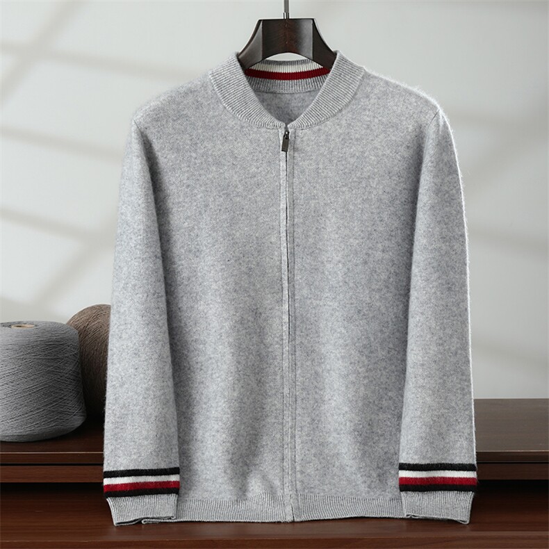 秋冬新款纯色针织圆领拉链开衫时尚百搭，男装针织衫/毛衣，隆格羊绒