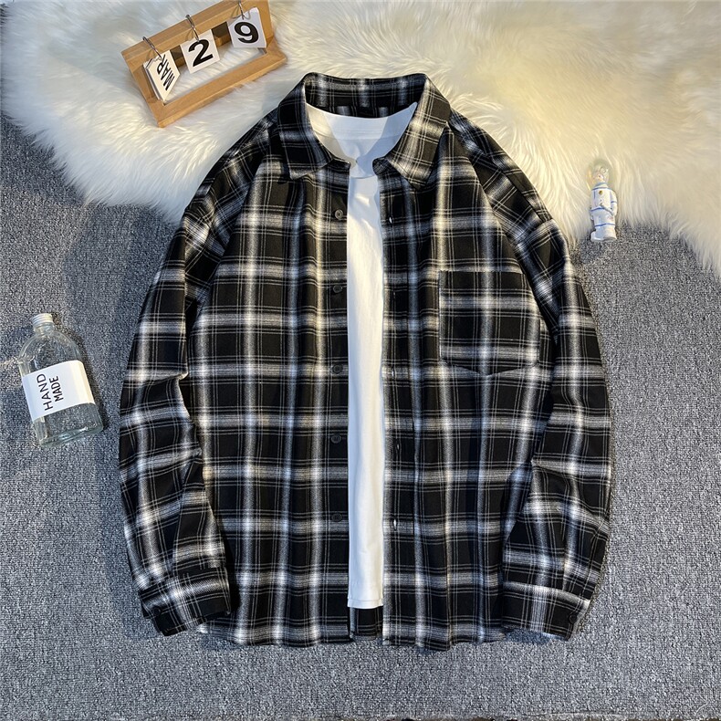 B413-1-DX848日系格子长袖衬衫新款宽松青少年潮流潮牌外套控118,男装衬衫,电商B413-1