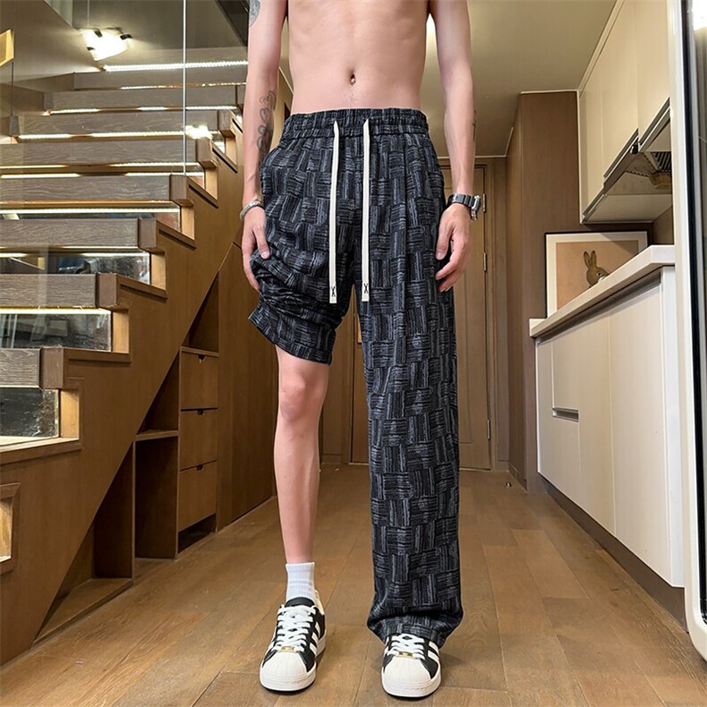 wassuphappy冰丝裤子男夏季薄款格纹直筒阔腿裤青少年凉感休闲裤,男装休闲裤,电商A001-1