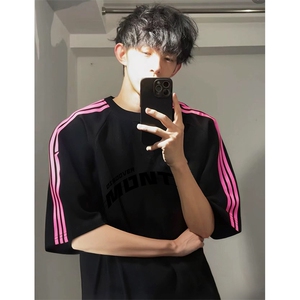 抖音得物品质二开240克宽松纯棉美式潮牌印花三条杠中性风短袖T恤
